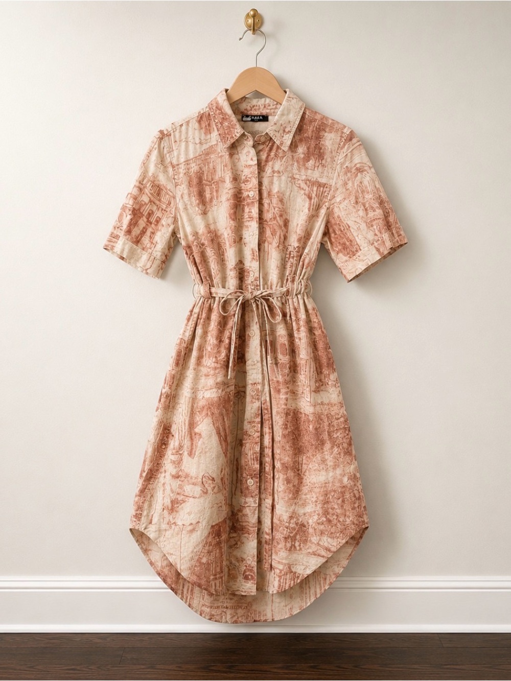 CAARA Millazo Toile Print 100% Linen Belted Midi Shirt Dress Size S